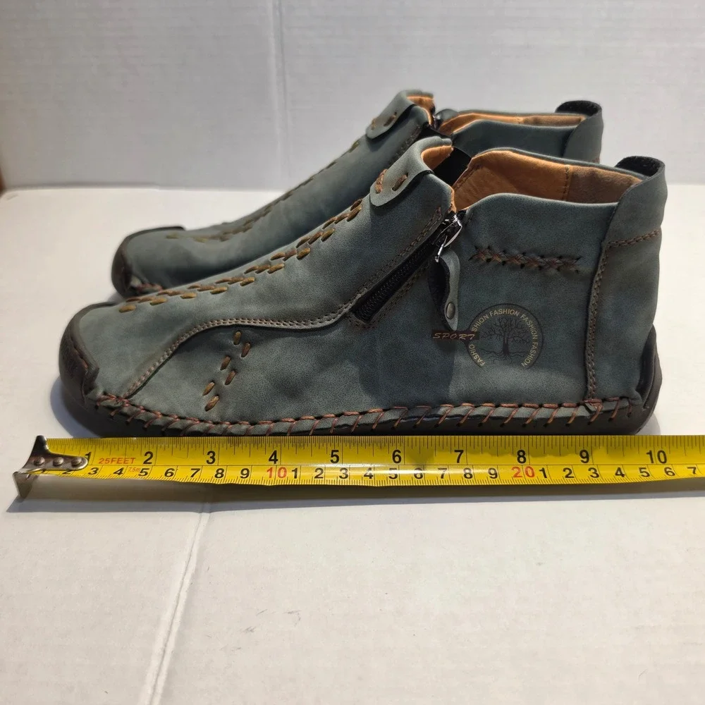 Fashion Sport Leather Hand Stitched Blue Ankle Boots Men 41 Zip 818-41
